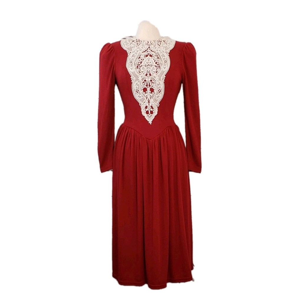 Vtg 1970s Gunne Sax Dress Christmas Dark Red Size 3‎ Small Lace Modest Prairie